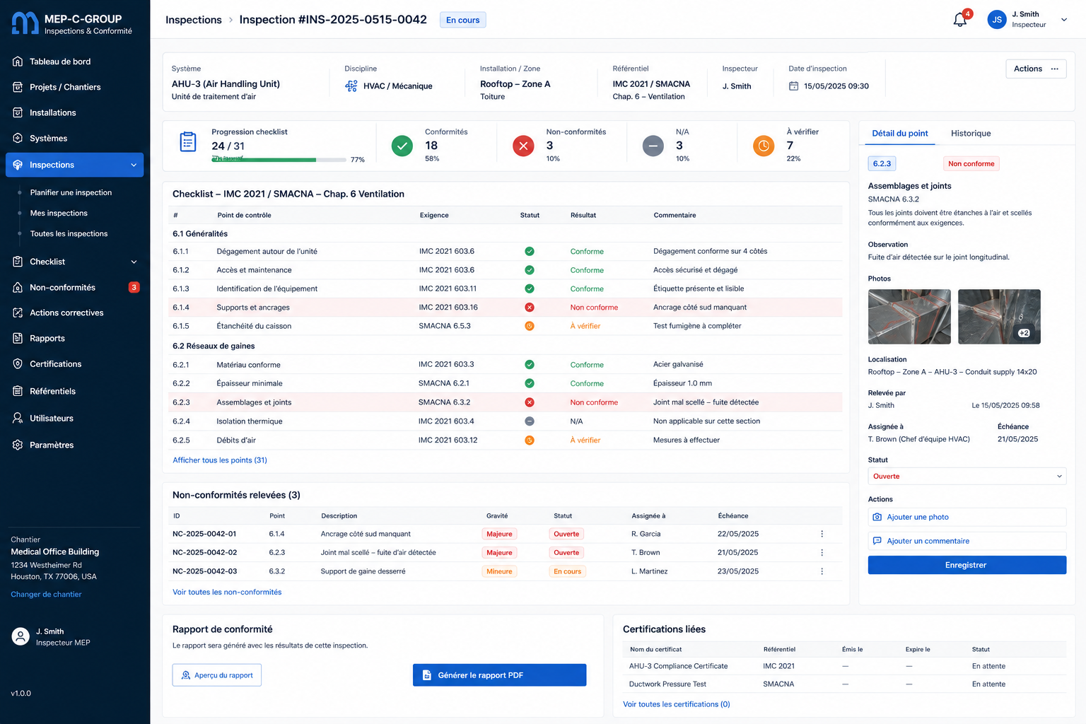 Module d’inspection : checklist d’un système avec relevé des non-conformités