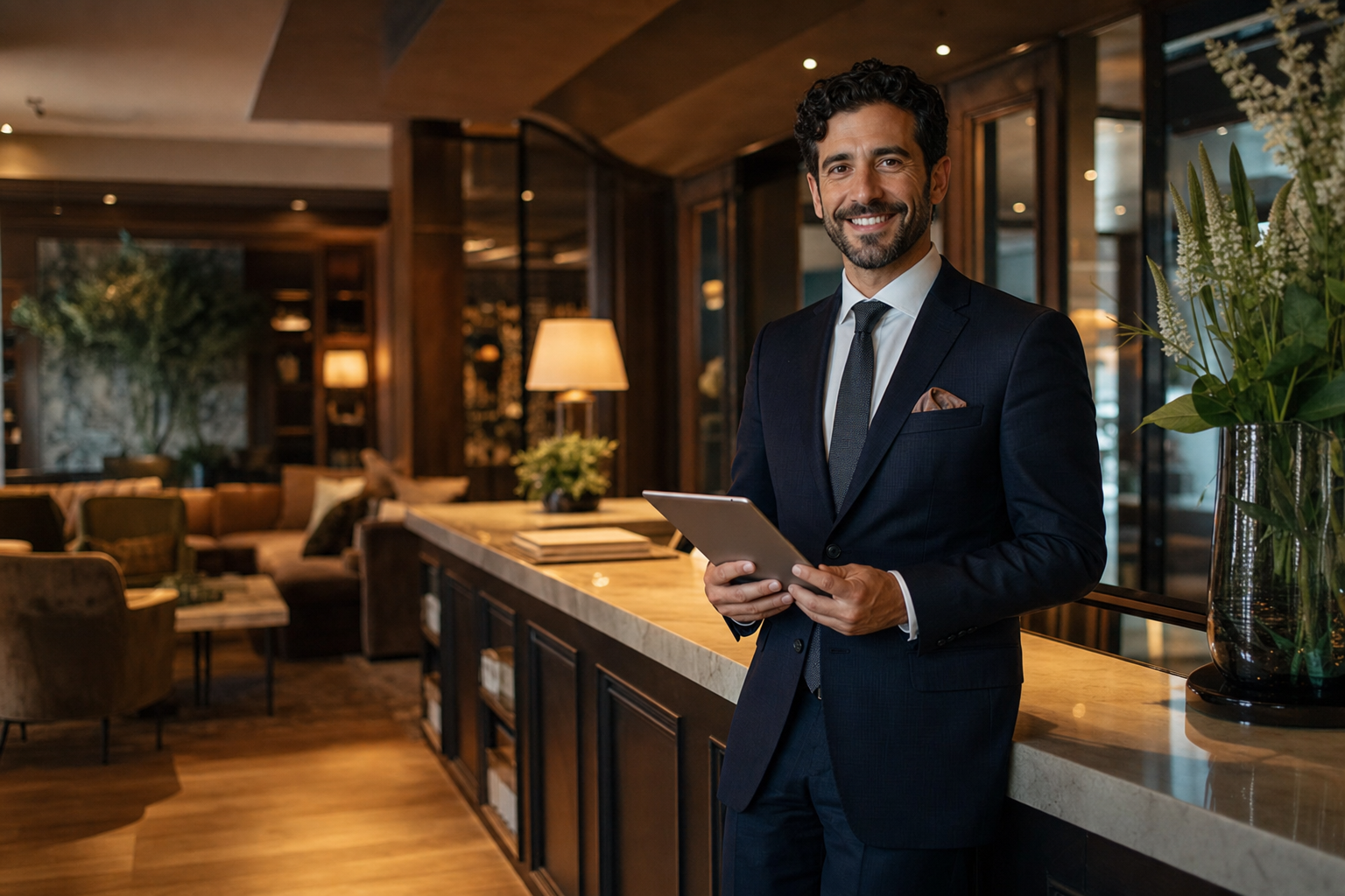 Gestionnaire d’hôtel dans un lobby tenant une tablette