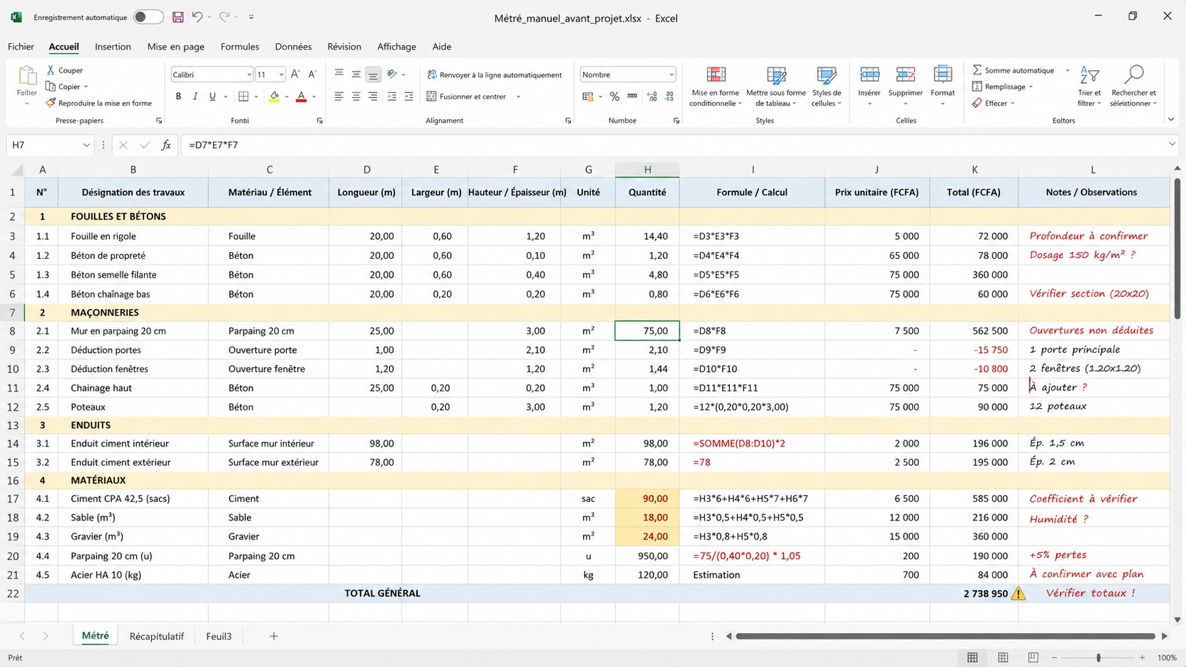 Métré manuel sur tableur avant le projet : formules et calculs à la main