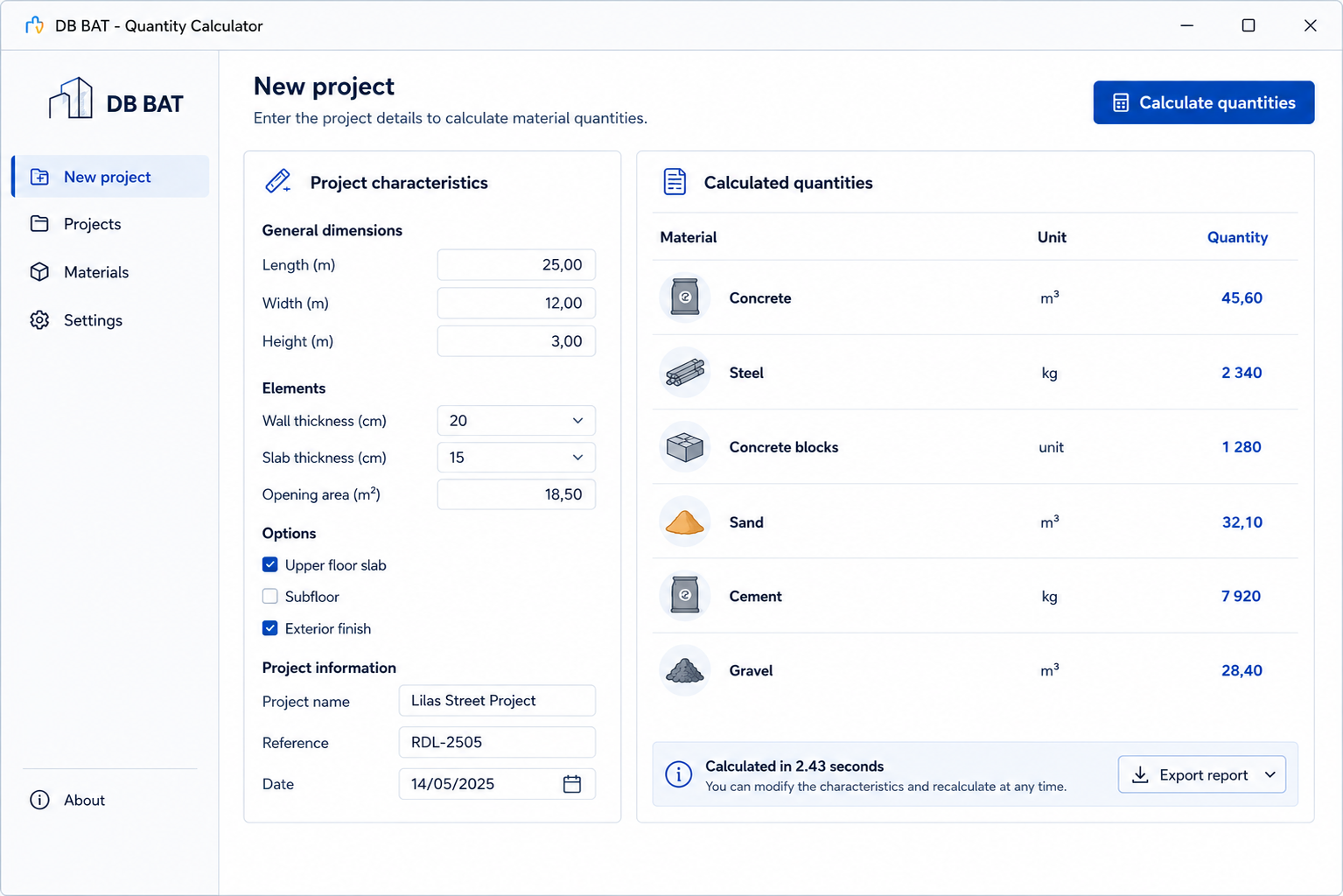 Quantity calculator interface: site characteristics and calculated quantities