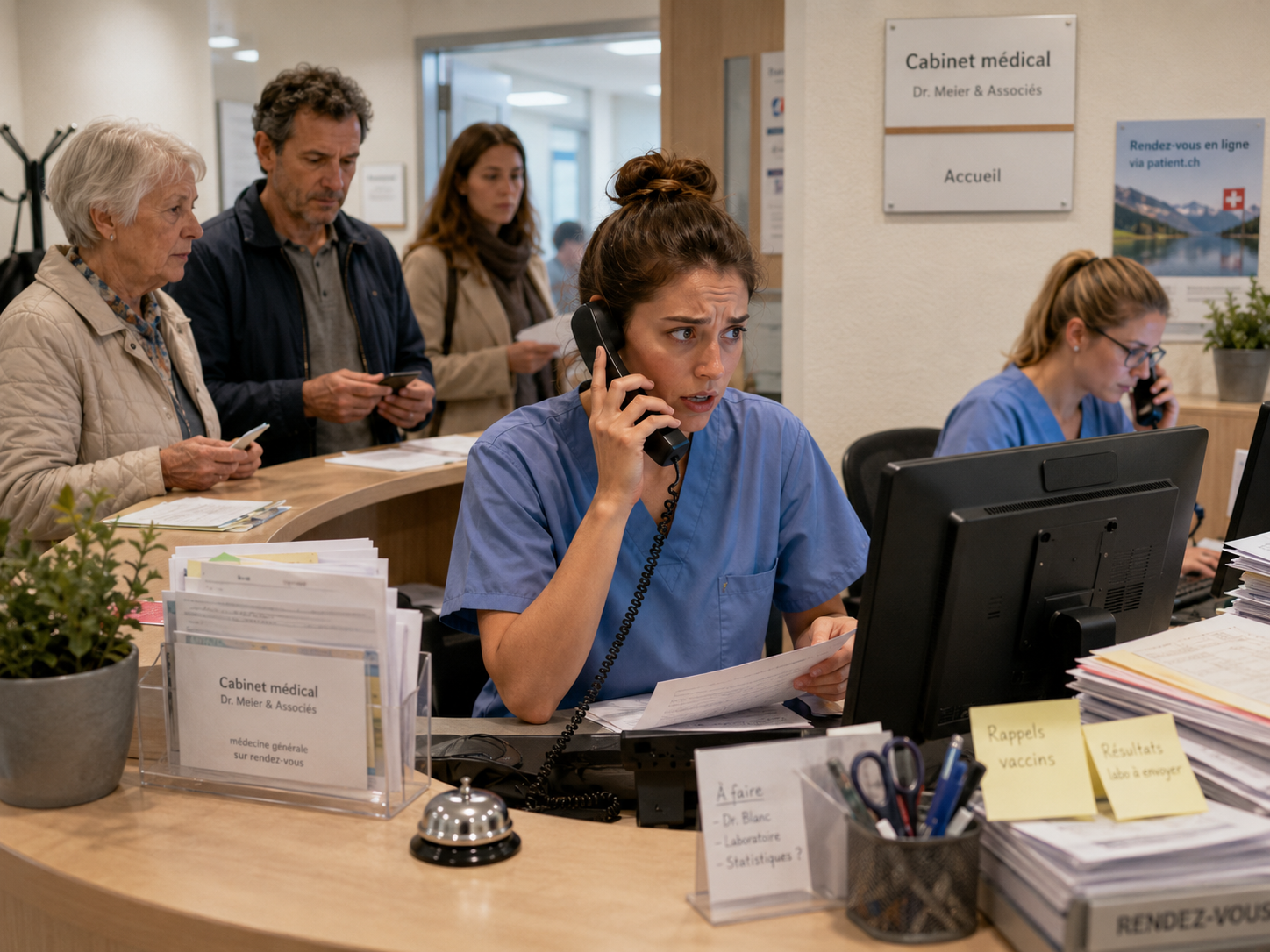 Clinic front desk at peak hours: overwhelmed staff, phone ringing