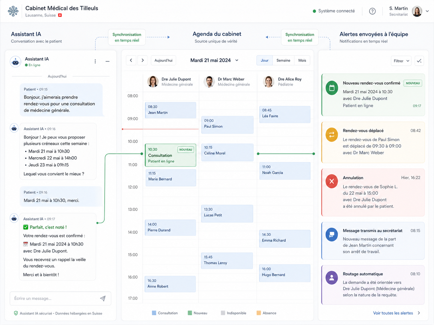 Assistant syncing with the clinic calendar and alerts sent to the team