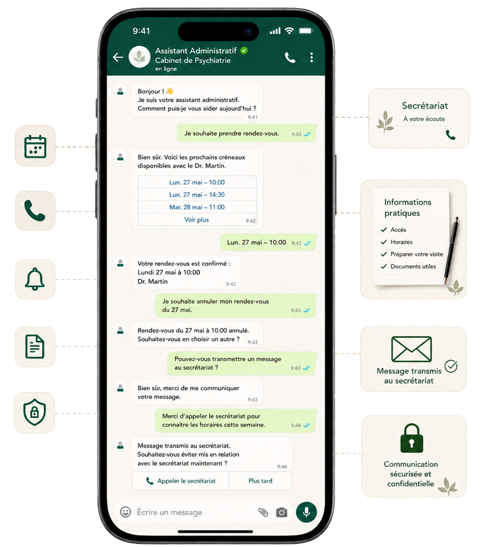 Conversation de prise de rendez-vous sur l’assistant WhatsApp de la clinique