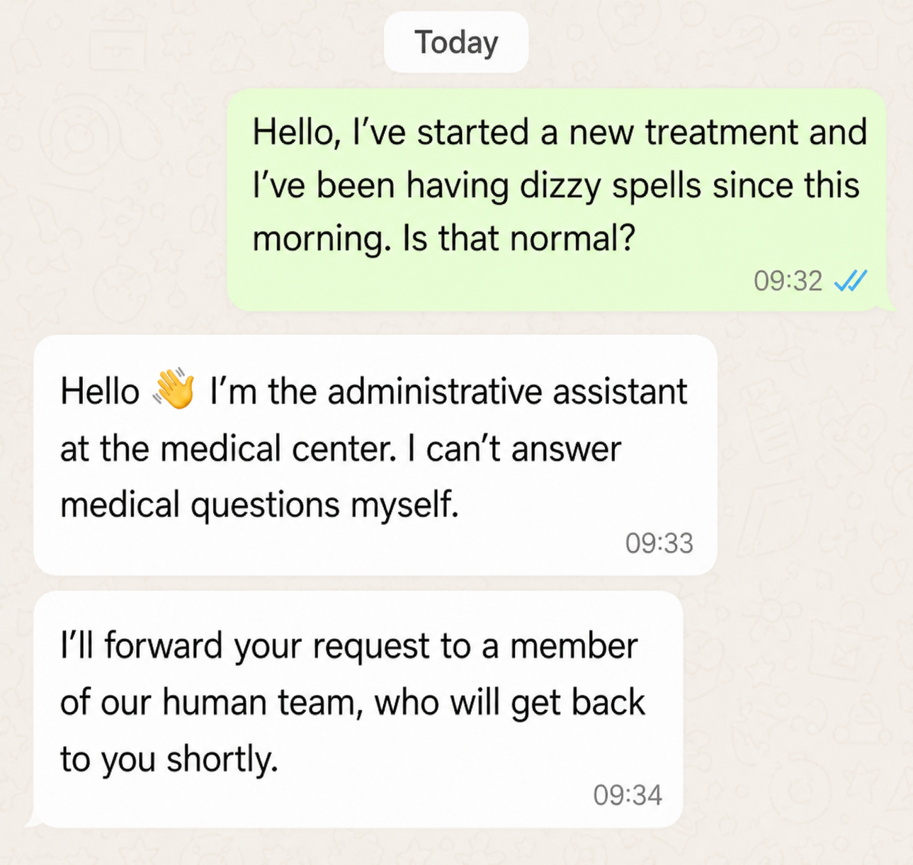 Screenshot: the assistant routes a medical question to a human staff member