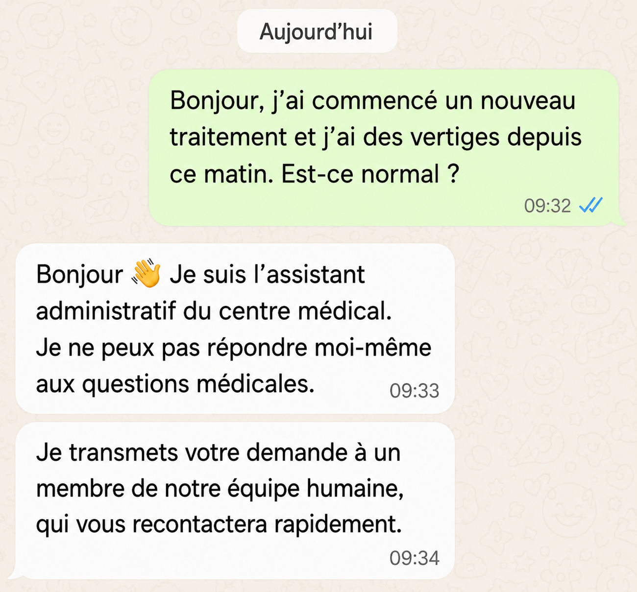 Capture d’écran : l’assistant oriente une question médicale vers un secrétaire humain