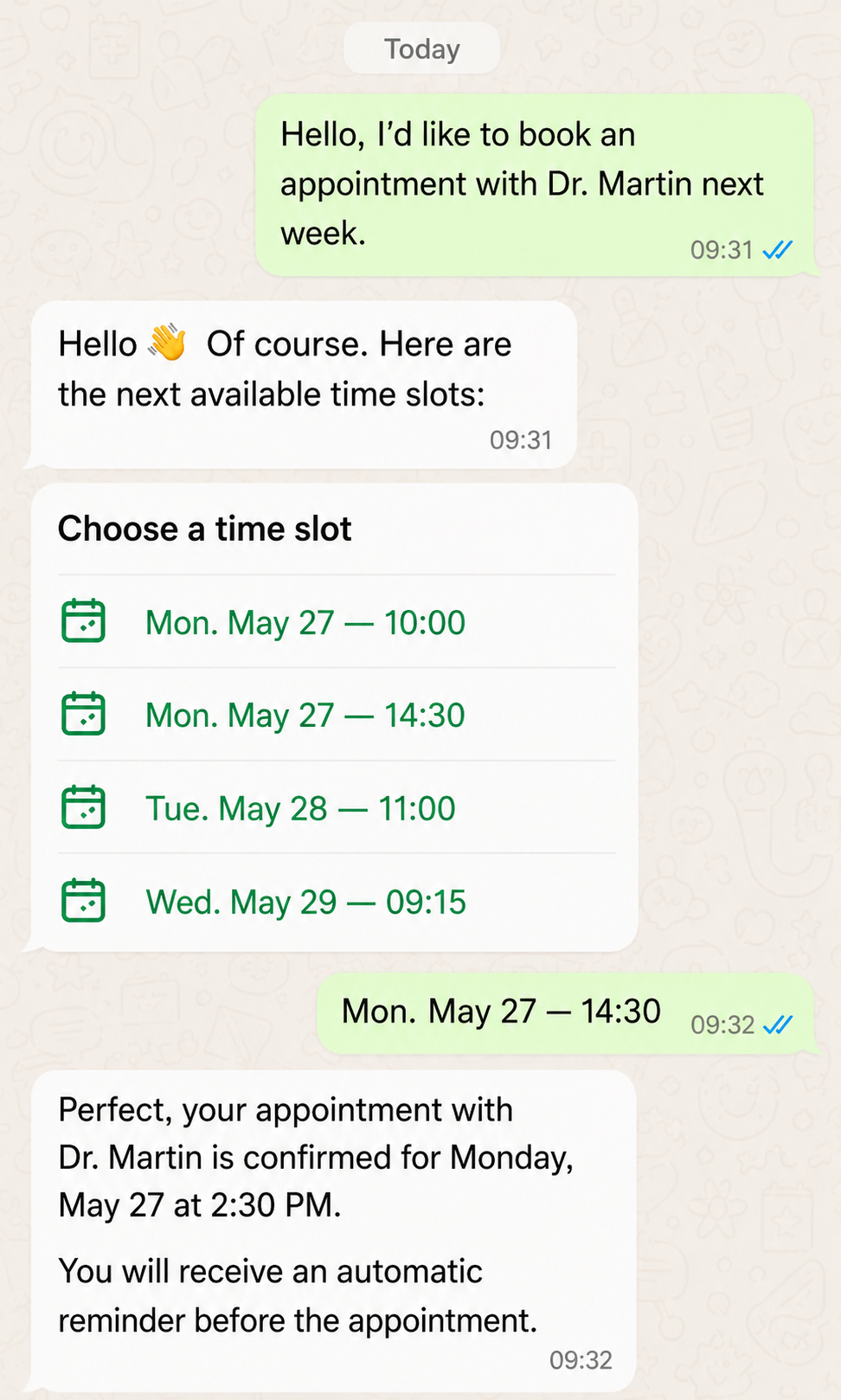 Screenshot of conversational booking: picking a slot right inside WhatsApp