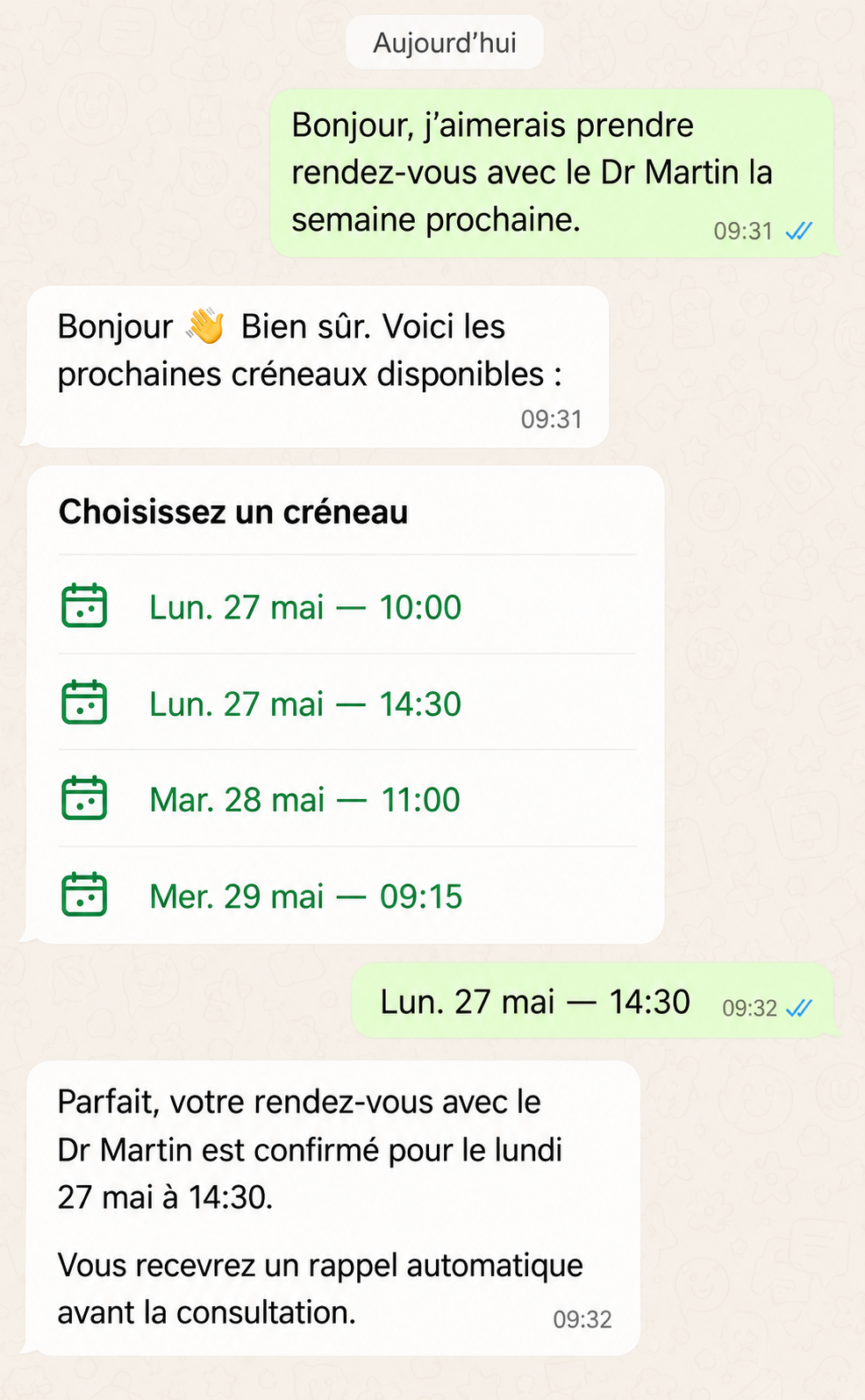 Capture d’écran de la prise de rendez-vous conversationnelle : sélection d’un créneau directement dans WhatsApp