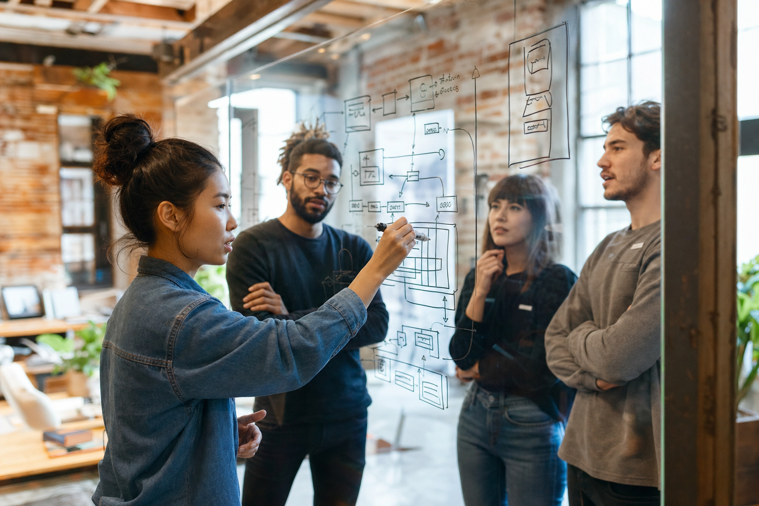 Équipe de startup devant un tableau blanc d’architecture