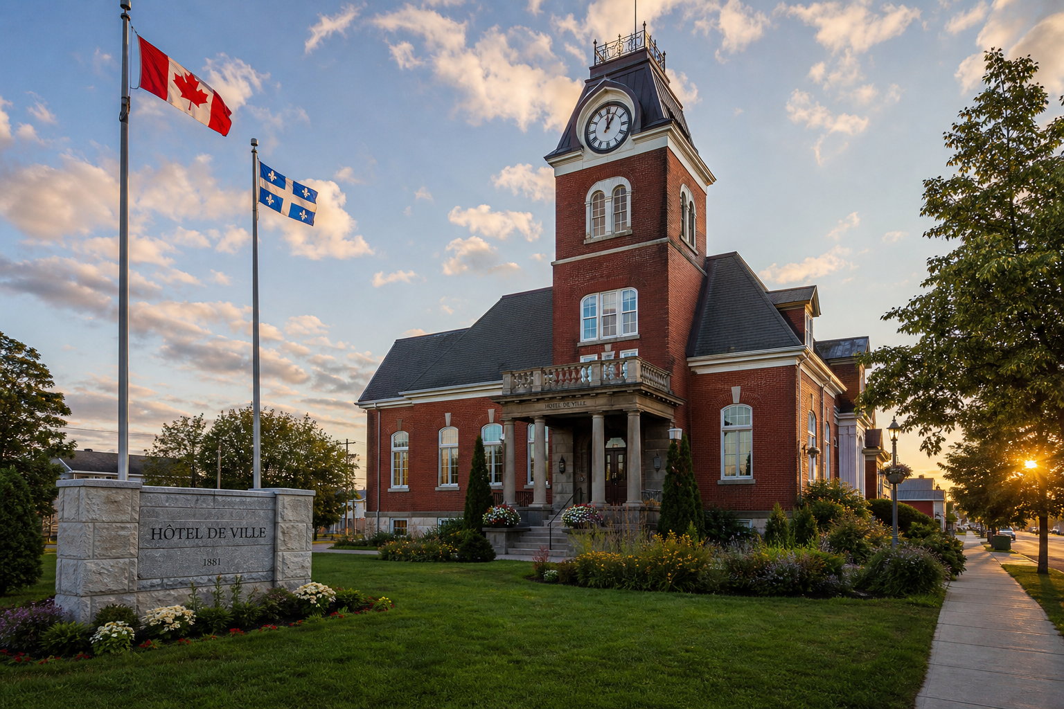 A Quebec city hall at sunset
