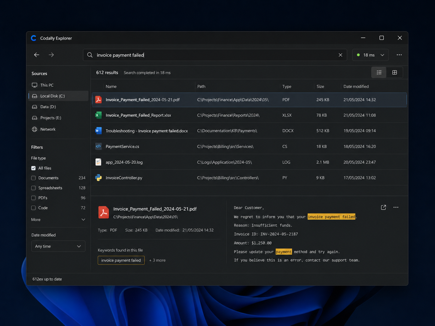Interface de l’explorateur : résultats de recherche qui s’affichent instantanément