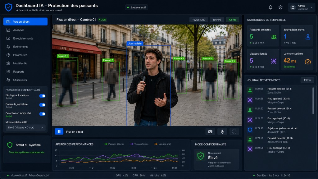 Flouter AI dashboard — live feed, statistics and event log