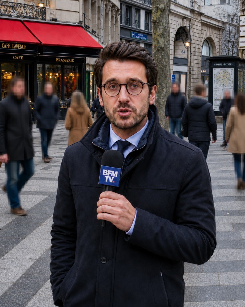 Flouter AI — sharp journalist, passersby automatically blurred in the background
