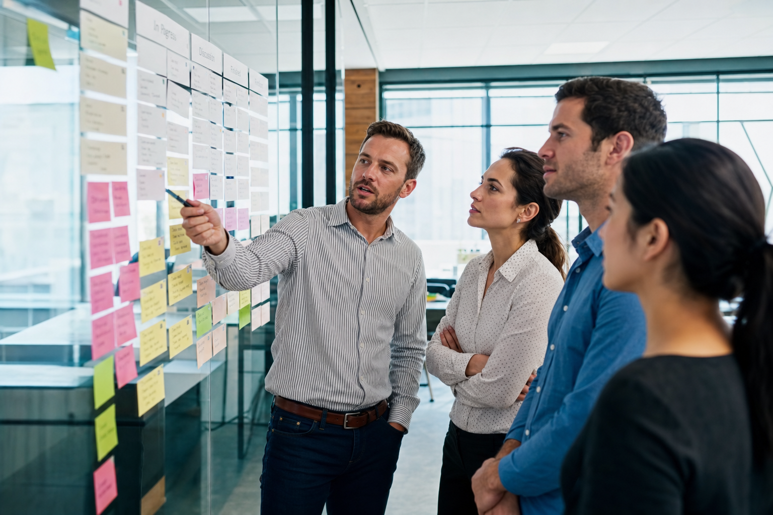 Project team in front of a kanban board covered in notes