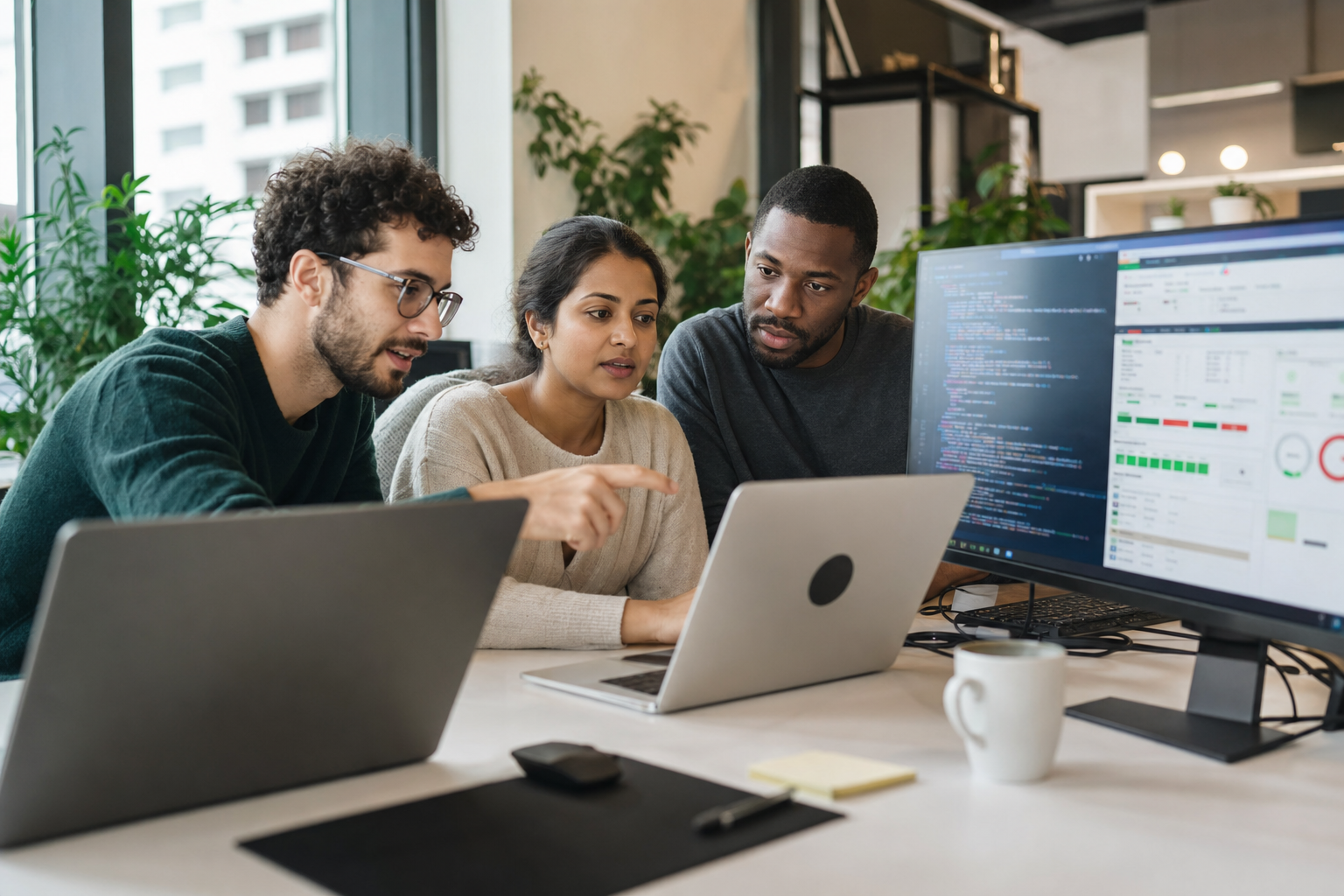 Developers and a tester working together on the platform