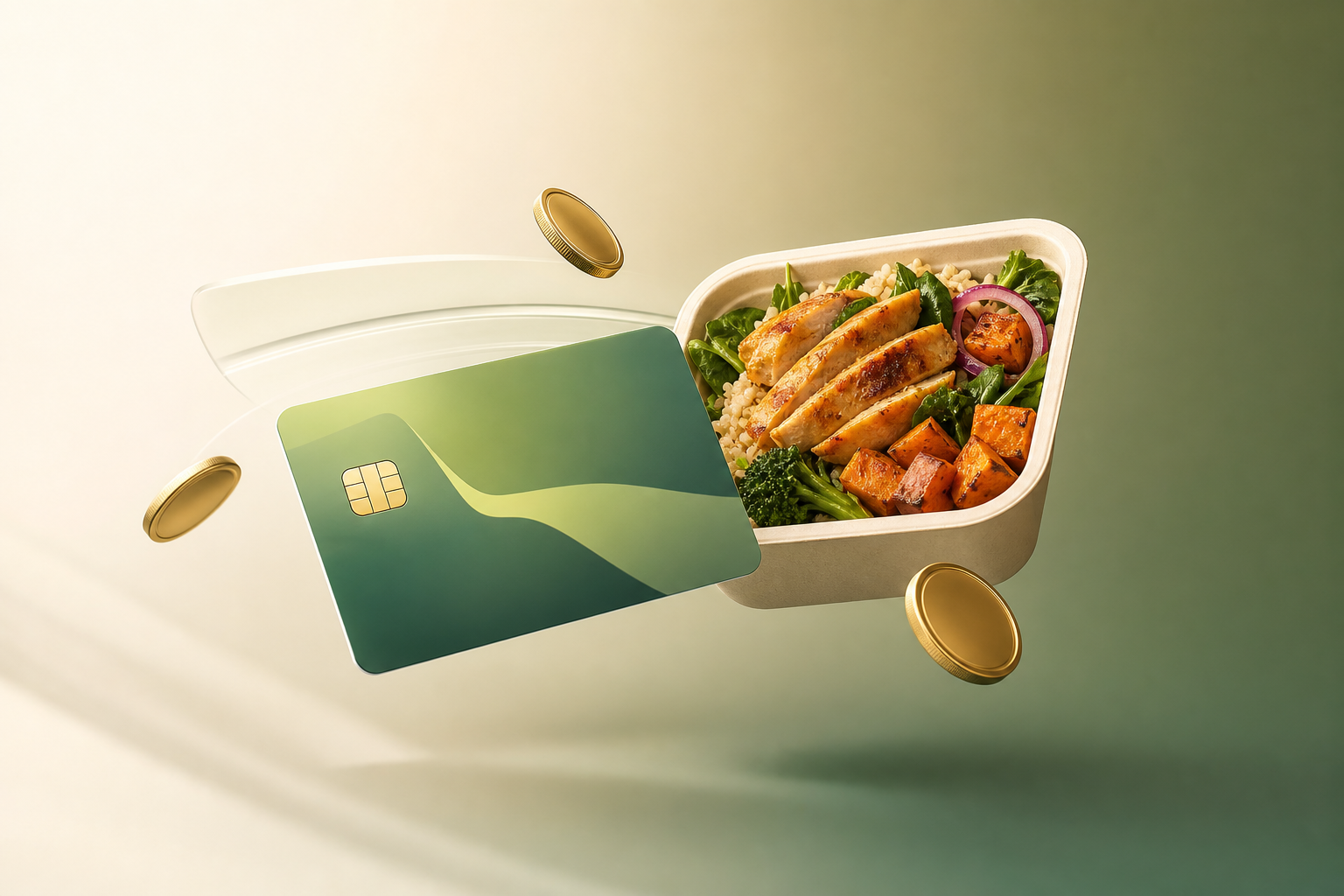 Landing page MealFlip avec scène 3D — carte repas et pièces