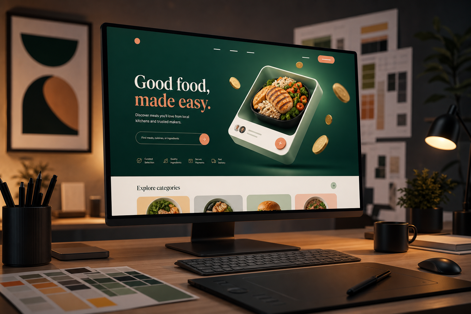 Aperçu de la landing page premium MealFlip avec héros 3D