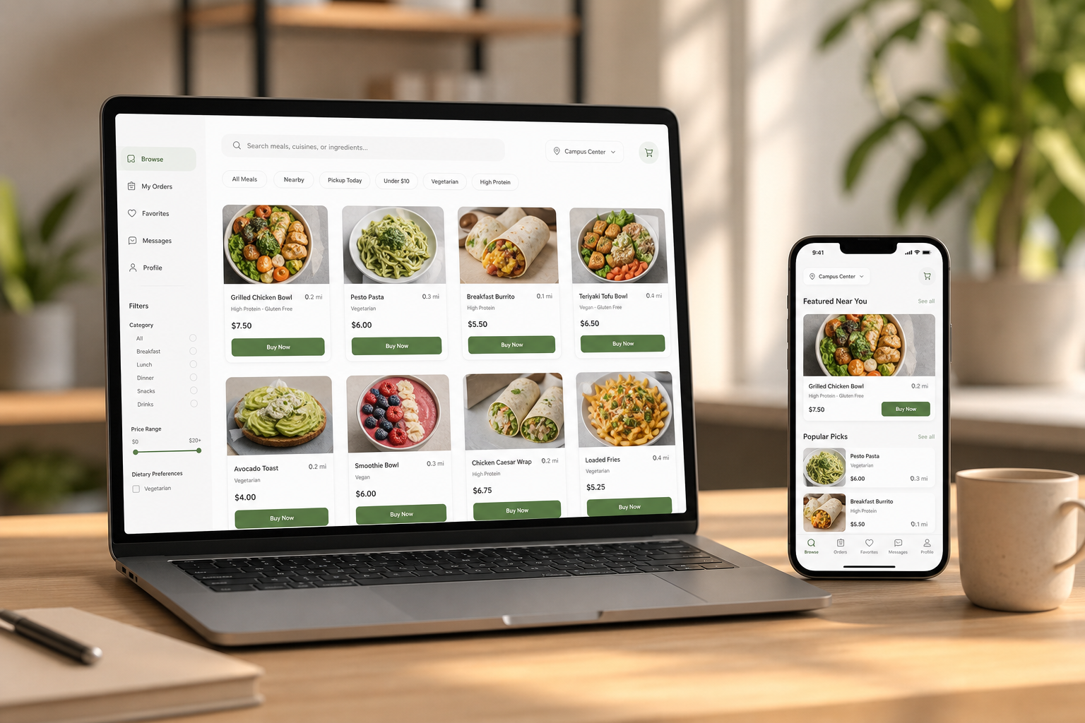 Interface du marketplace MealFlip sur ordinateur portable et téléphone