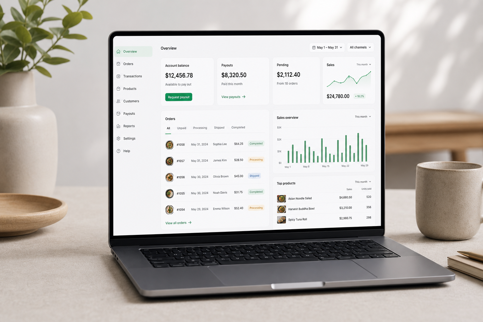 Tableau de bord vendeur MealFlip : transactions, soldes et versements