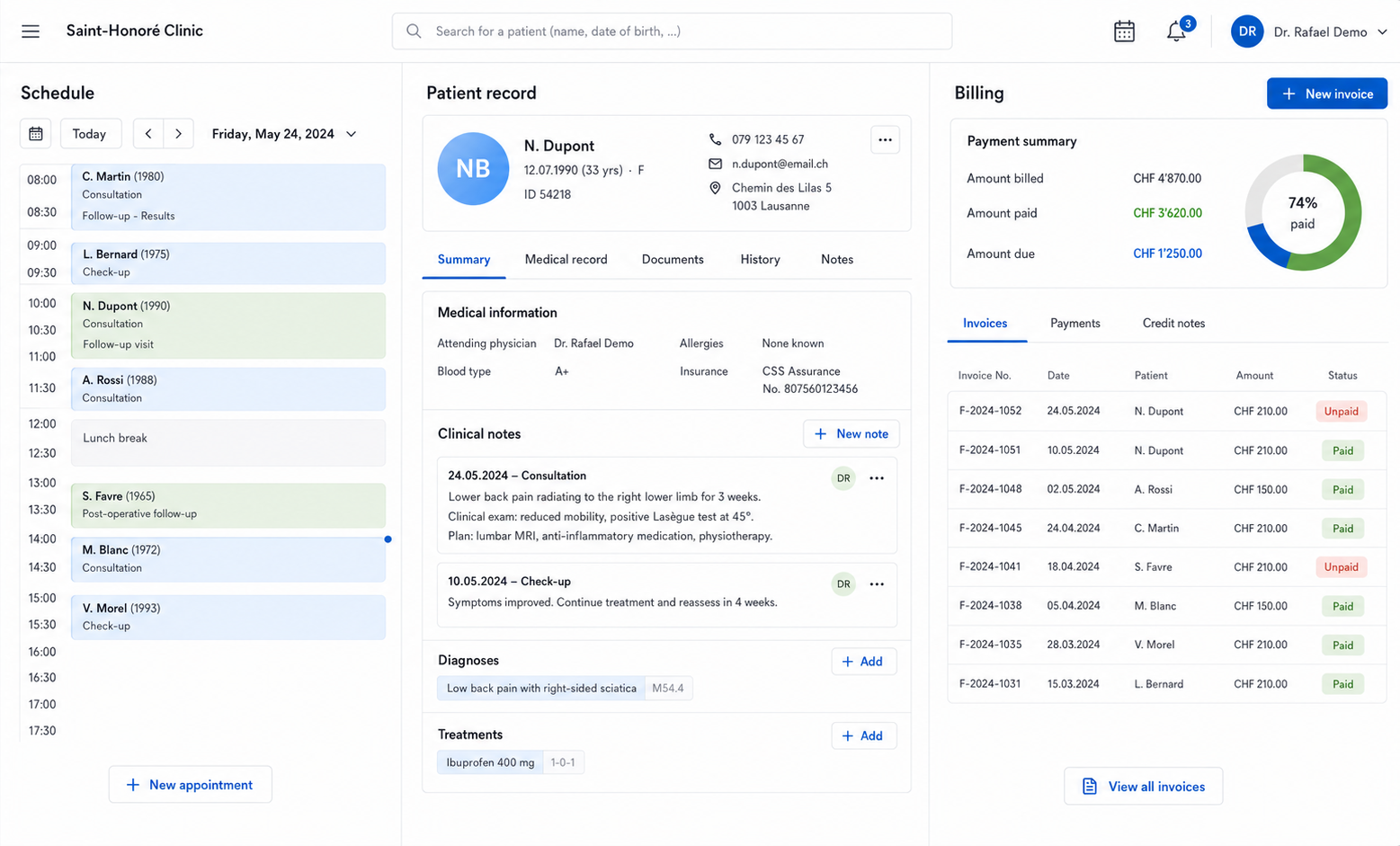 Overview of the practitioner software: calendar, patient records and billing