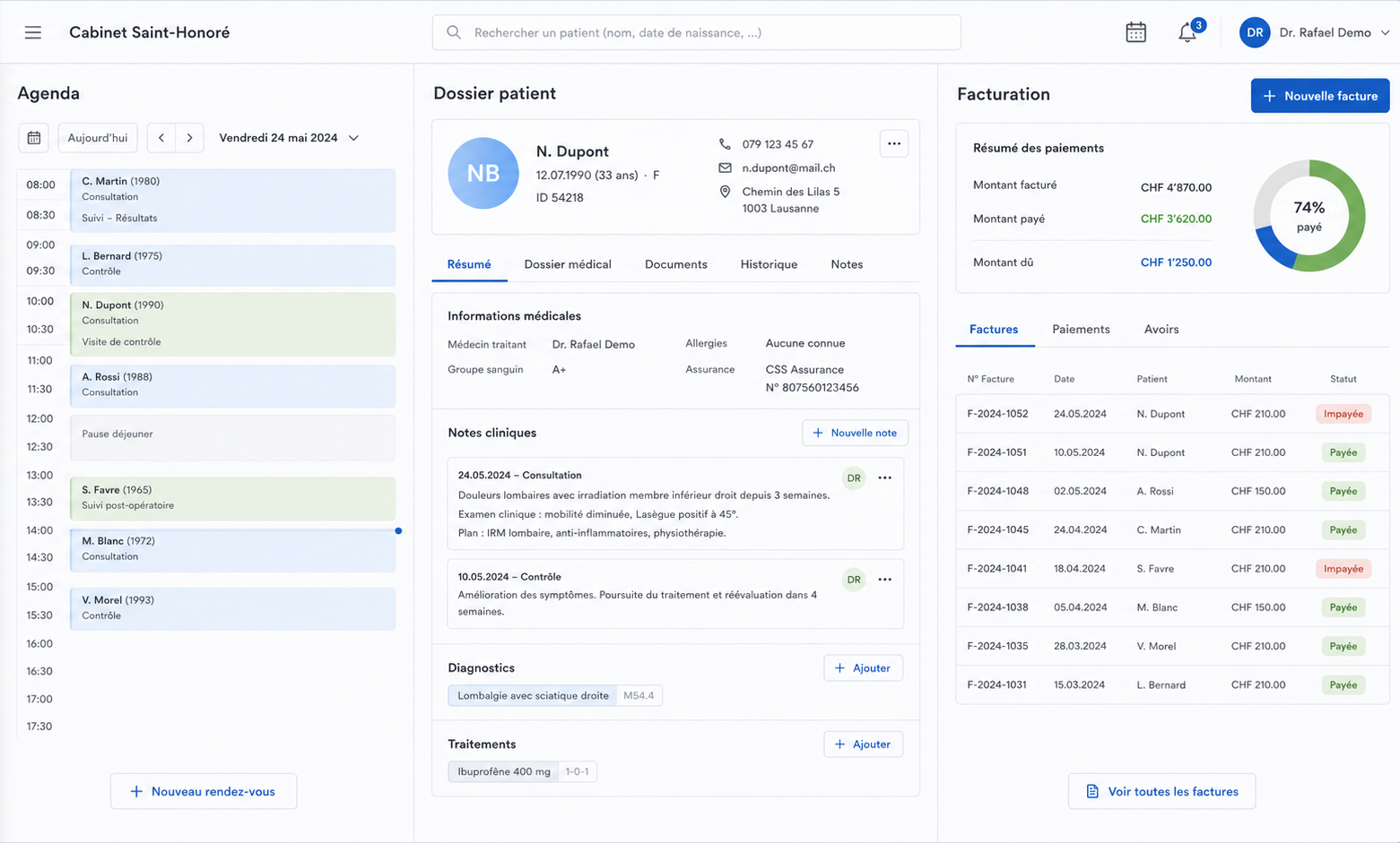 Vue d’ensemble du logiciel praticien : agenda, dossiers patients et facturation